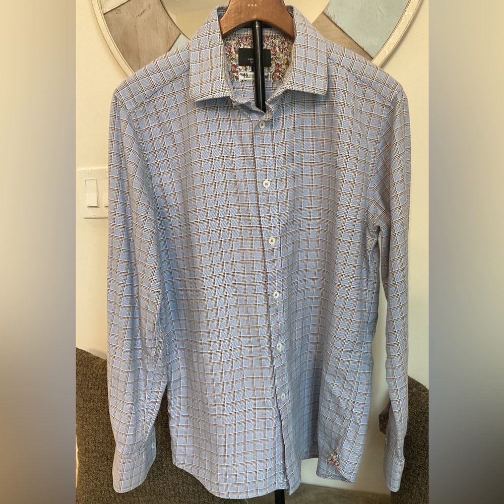 Oxford Luxury Slim 100% Cotton Light Blue,white and brown Checkered Men's Shirt
